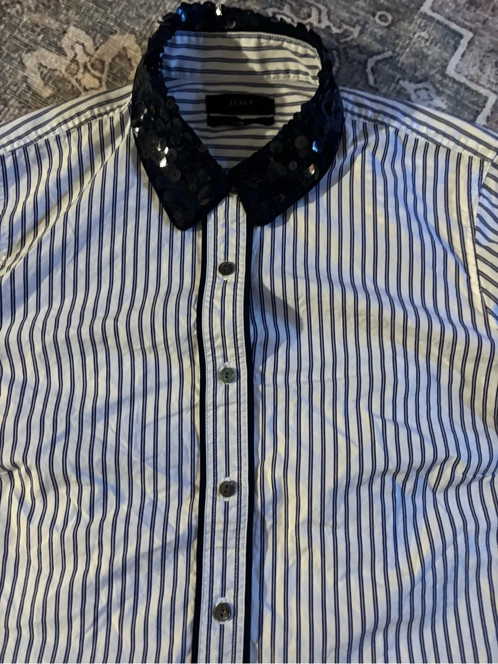 JCrew women’s Blue and White Striped Button-Down Shirt Black embellished collar